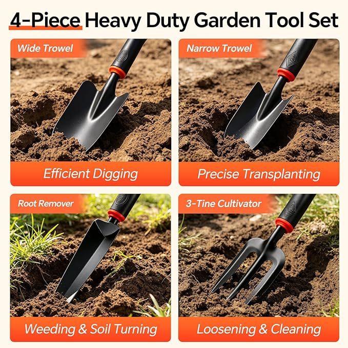 Vinid 4-Piece Heavy-Duty Garden Tool Set, Wide & Narrow Trowel, Root Remover, 3-Tine Cultivator, Hand Rake with Soft Rubber Non-Slip Handle, Idea Gift for Women, Mother