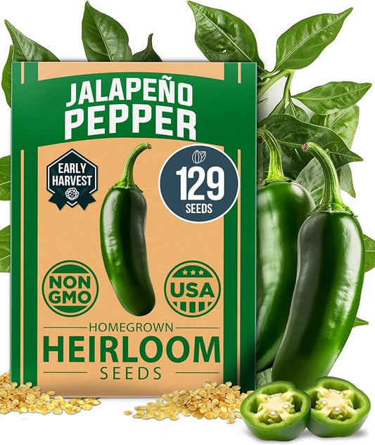 HOME GROWN Jalapeno Pepper Seeds 129+ Heirloom Non-GMO Seeds for Planting, High Germination, Mild to Medium Heat Hot Peppers, Prolific Garden Crop, Perfect for Salsa & Pickling (Capsicum annuum)