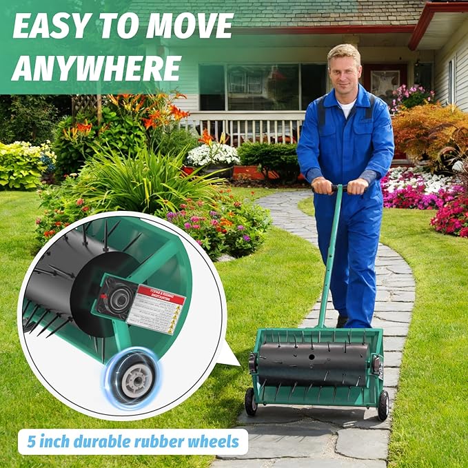 24 Inch Rolling Lawn Aerator, Heavy Duty Manual Aerator Tool, Up to 70 lbs, Push Spike Aeration Tool with 42 Spikes, Suitable for Lawns, Garden, and Yard Grass Aeration [Green]