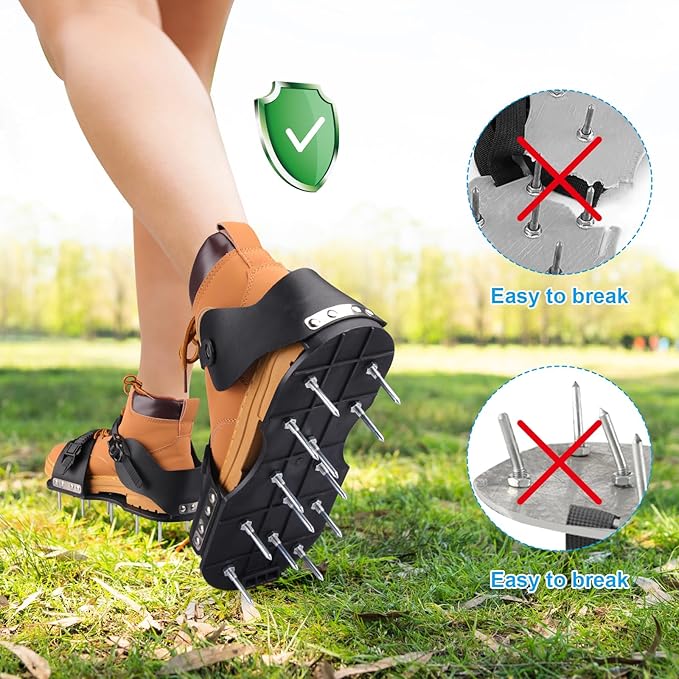 Lawn Aerator Shoes, Aerator Shoes with Adjustable Loop Strap and Snap-On Buckle, with 26 Stainless Steel Nails Lawn Aerator Shoes for Lawn Soil Aeration for Patios, Gardens, Lawns (Black)