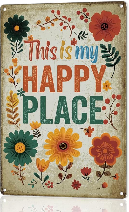 Vintage Garden Sign – 'This Is My Happy Place' | 12x8″ Floral Metal Garden Decor for Outside, Gardening Gifts for Women & Mom, Plant Lover Gifts, 2682