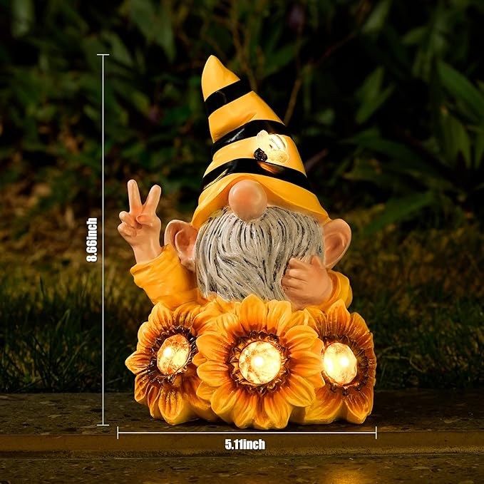 Joint Honglin Solar Garden Gnome Statue with Crystal Sunflower Lights - Outdoor Bee Gnome Figurine with Glowing Bee, Waterproof Resin Yard Art Decor for Patio, Lawn, Porch, Summer Gardening Gift