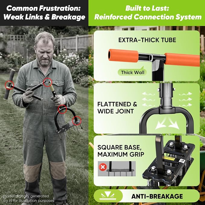 Sakerplus Aerator Lawn Tool, Spike Lawn Aerator with Auto-Return Self-Cleaning Tines, Anti-Fatigue Comfort Pad, Reinforced Anti-Breakage Joints, 15 Steel Tines for Garden Healthy Grass Aeration-Orange