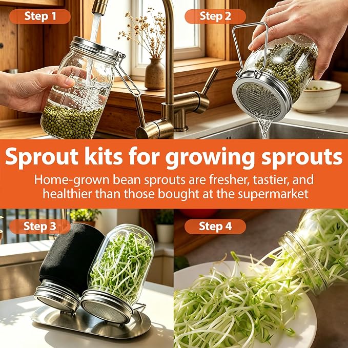 Sprouting Jars Kit, 2 Wide Mouth Mason Jars with 316 Stainless Steel Lids | Complete Kit with 4 Mesh Screens, 2 Light-Blocking Sleeves, Drip Tray and Cleaning Sponge for Fresh Sprouts & Microgreens