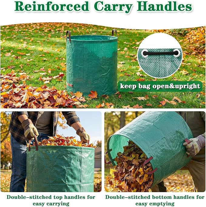 FEED GARDEN 72 Gallon Reusable Yard Waste Bags, 3 Pack Heavy Duty Garden Waste Bags with Plastic Ring, Stand Upright Lawn & Leaf Bags with 4 Reinforced Handles, Includes Gardening Gloves