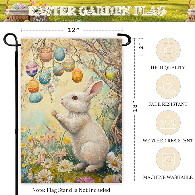 Easter Garden Flag 12x18 Inch Double Sided for Outside, Burlap Bunny Flowers Yard Flags Decor, Farmhouse Easter Floral Eggs Outdoor Holiday Decoration