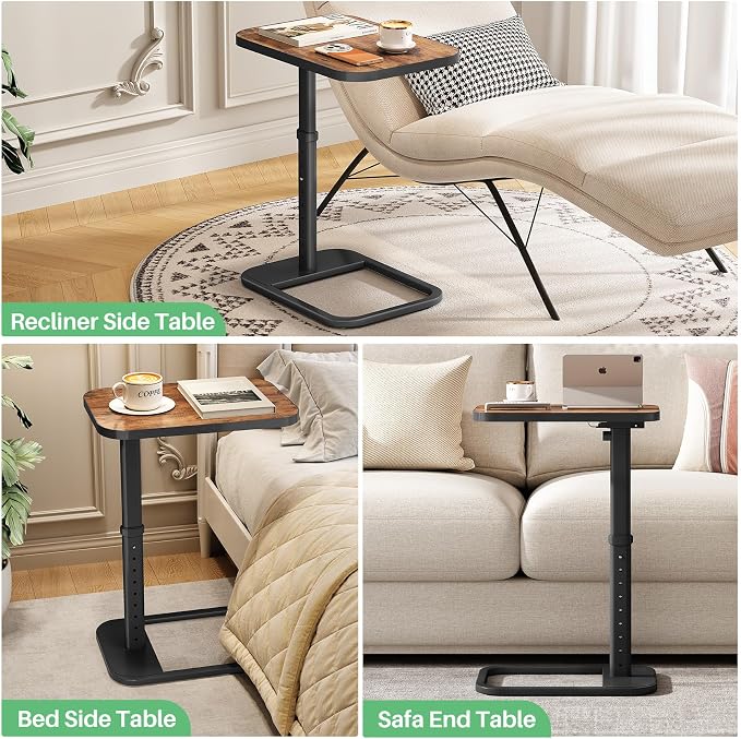 Kitstorack Upgraded TV Tray Table with Panel Lock, 90° Flip-Over Design & Adjustable Height, Sofa Arm Side Table for Eating, Laptop, Couch, Bed, or Small Spaces, Brown