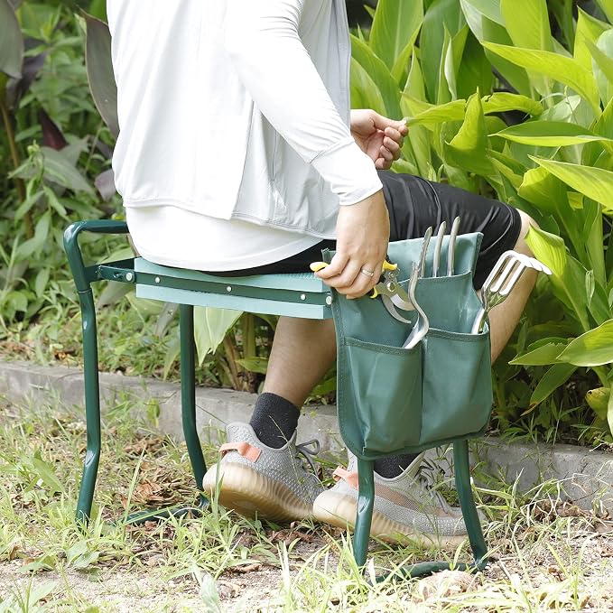 Folding Garden Kneeler Seat Garden Bench Stool with Handles, Multi-use Pouch, Heavy Duty Yard Gardening Chair with Soft Kneeling Pad,Green