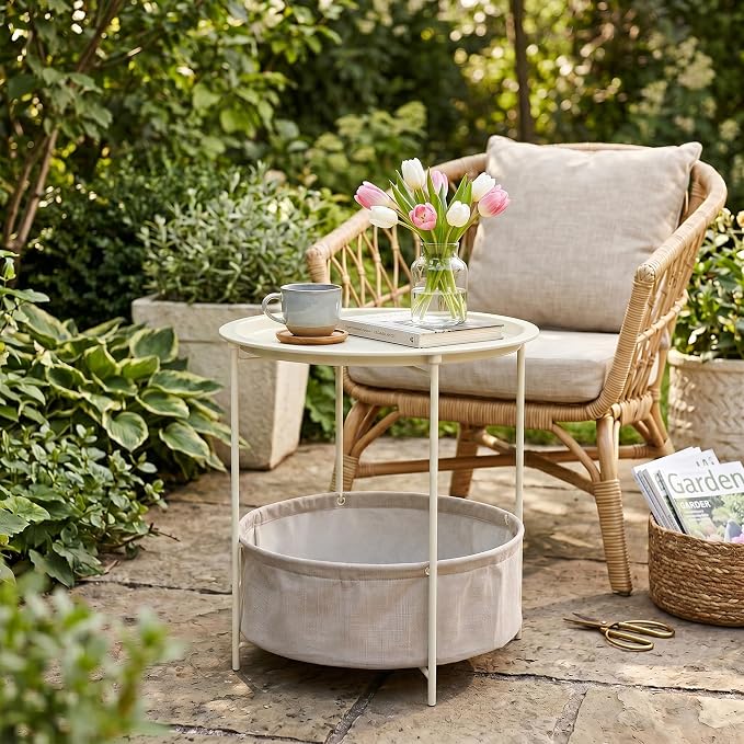 VECELO Round Side/End Table with Fabric Storage Basket，Metal Anti-Rust and Waterproof Small Bedside Nightstand with Removable Tray Top for Living Room，Balcony & Laundry，Beige/1pcs with Basket