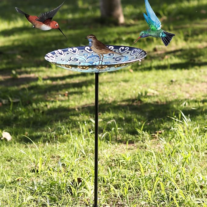 MUMTOP Glass Bird Bath, Garden Outdoor Birdbaths Birdfeeder with Metal Stake, Blue