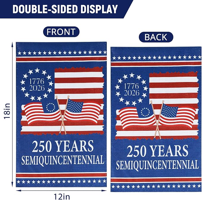 250 Anniversary USA Flag - 4th of July Decorations - 12x18 Inch Patriotic Garden Flag, Double Sided American Flag for Independence Day 1776-2026 250th USA Birthday Yard Porch Lawn Outdoor Decor