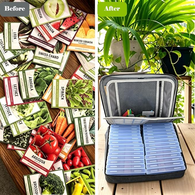 26 Clear Seed Storage Organizer Boxes with 3-Tier Moisture-proof Bag Gray that holds 200 Packets, Seed Saving kit with Labels, Markers for Gardeners, Hobbyists to store various seeds long-term