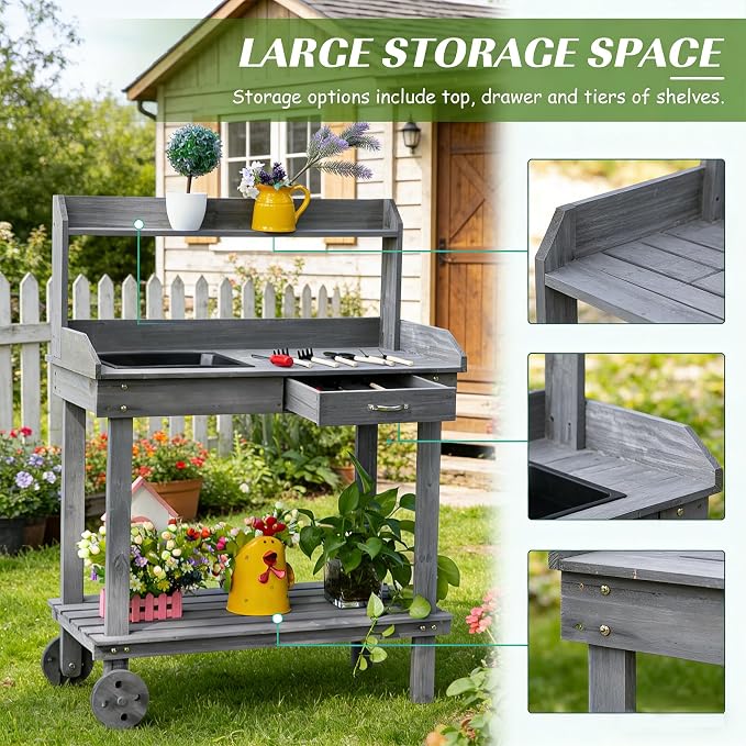 Potting Bench with Sink 36'' Garden Work Bench Mobile Planting Table with Wheels Drawer and 3-Tier Shelves for Patio Backyard Greenhouse Gray