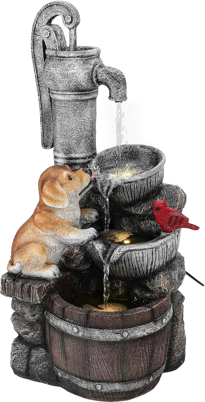 30" Puppy & Red Bird Outdoor Fountain, 3-Tier Pastoral Water Feature with LED Lights, Resin Two Bowls & Wooden Barrel Soothing Cascading Waterfall for Patio, Backyard, Garden