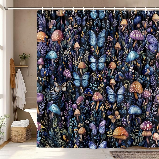 Boho Dark Mushroom Shower Curtain, Vintage Rustic Floral Butterfly Botanical Shower Curtain Purple Blue Black Farmhouse Bathroom Decor with Hook, Fairy Witchy Woodland Flowers Shower Curtain 72X72