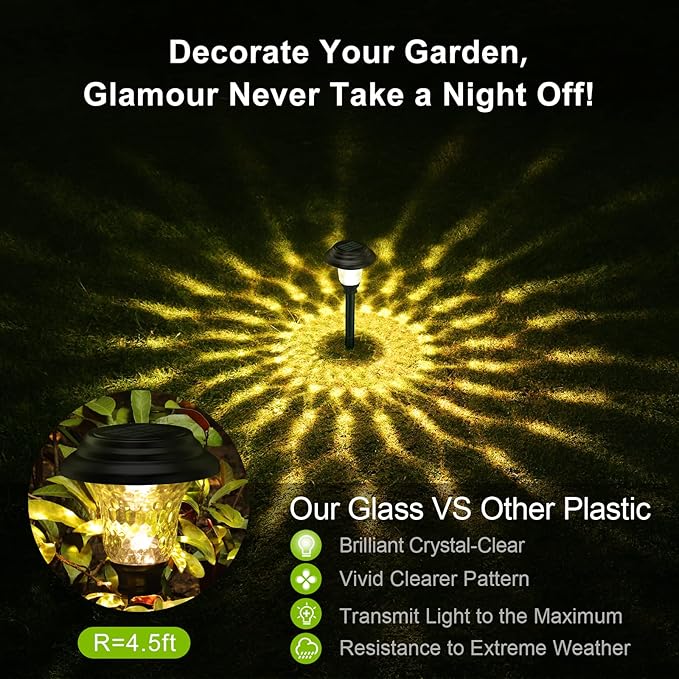 Glass Solar Lights Outdoor waterproof, 8 Pack Super Bright Solar Pathway Lights, Up to 12 Hrs Long Last Auto On/Off Garden Lights Solar Powered, Stainless Steel LED Light For Yard Landscape Warm White