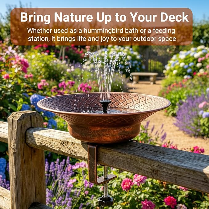 12.6" Deck Mounted Bird Bath for Outside, Metal Solar Powered Bird Bath Fountain, Heavy Duty Railing Clamp for Balcony Fence, Detachable Deck Bird Bath for Garden