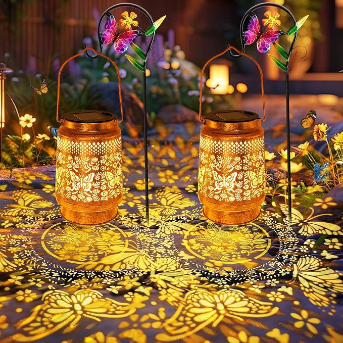 2 Pack Solar Lanterns Outdoor Butterfly Garden Decor, Birthday Gifts for Women Mom Grandma, Waterproof Metal Hanging Solar Lights LED Decoration with Shepherd Hook Outside for Yard Patio Lawn Porch