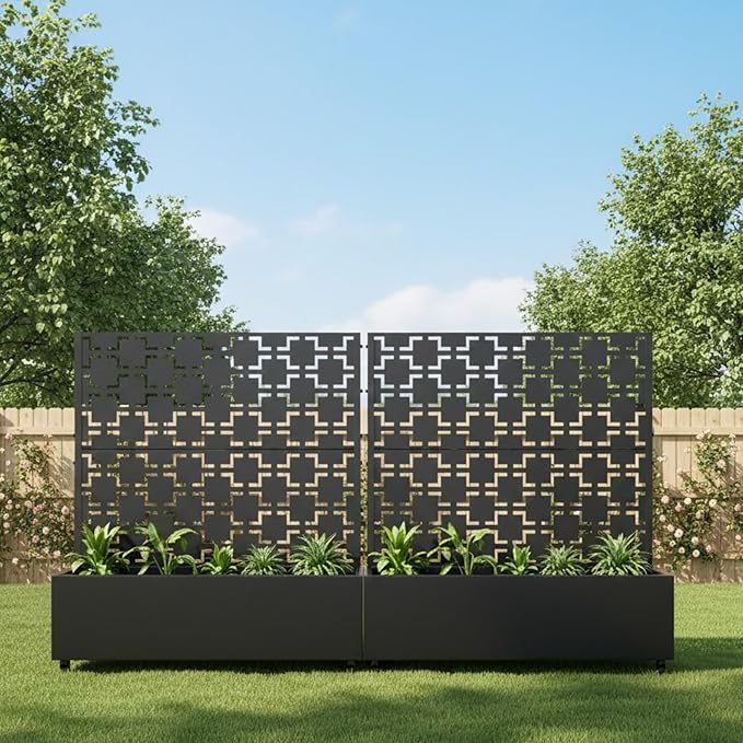 Casaphoria Metal Raised Garden Bed with Trellis and Wheels, 47"x47"x16" Planter Box for Climbing Plants, Vegetables & Vines, Features Drainage Holes and Privacy Screen (Black-Square)