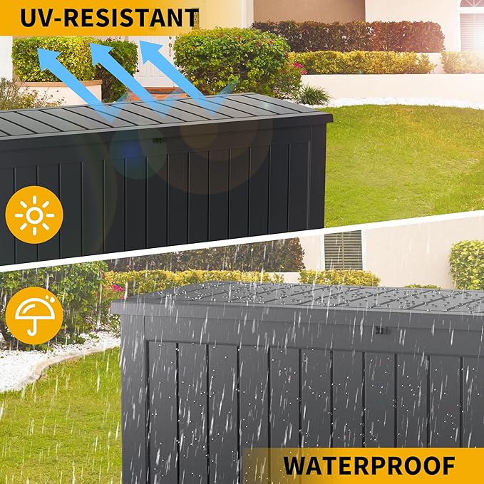270 Gallon Outdoor Storage Box Waterproof, Lockable Resin Deck Box Large Storage Bin for Patio Furniture Cushion, Garden Tools, Pool Accessories, UV-Resistant, Black