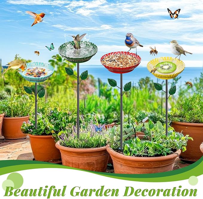 4PCS Flower Bird Baths for Outdoors —5.7" Metal Hummingbird Bath with Adjustable Stake, Colorful Garden Birdbath Decor Set for Outside Yard Lawn Patio(4PCS Herbacin)