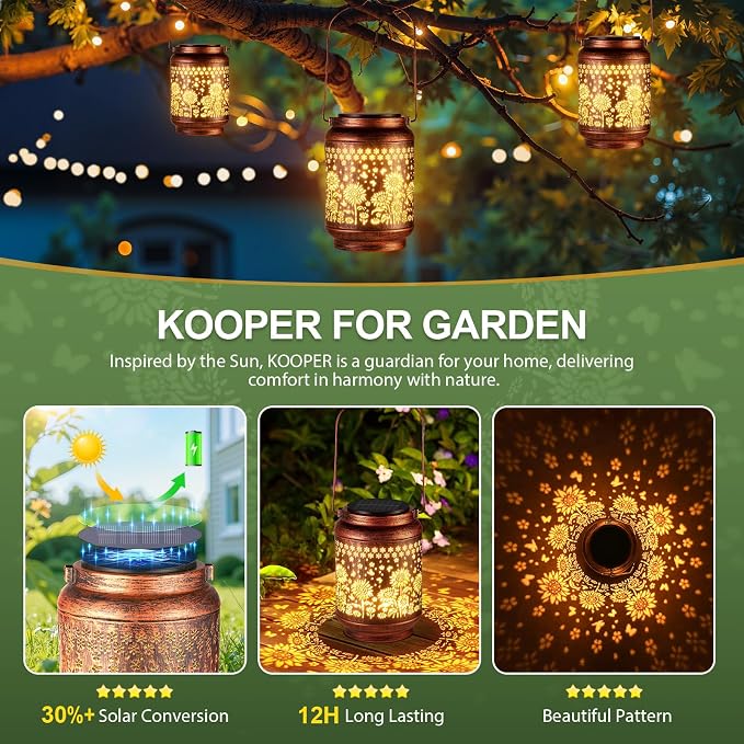 KOOPER Solar Lanterns Outdoor Waterproof Birthday Gifts for Women Mon Grandma, 2 Pack Brighter Hummingbird Hanging Solar Lantern Lights Outdoor, Metal Outdoor Decoration for Yard, Porch (Sunflower)