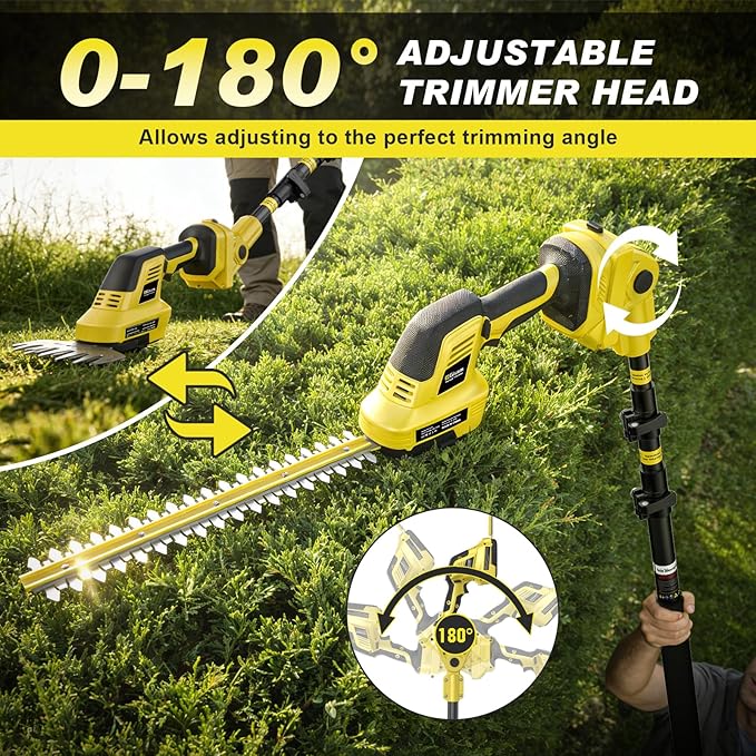 4-in-1 Pole Hedge Trimmer Cordless - Electric Hedge Trimmer & Grass Shear with Extension Pole, 2*4.0Ah Battery,180° Adjustable Angle,16Ft Reach,Hedge Trimmers Cordless with Battery for Shrubs Pruning