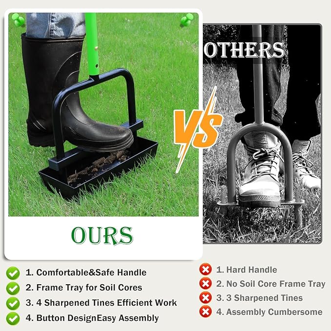 JouZYA Updated Lawn Aerator Tool with Soil Core Collection Tray, Lawn Core Aerator Lawn Tool with 4 Tines Manual Grass Aerator, Spike Lawn Coring Aerator for Yard Lawn Aeration Soil Loosening, Green