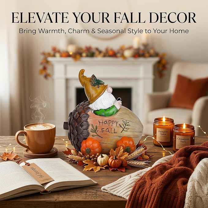 Topadorn Fall Gnome Pine Cone Car Figurine, Resin Harvest Gnome Statue with Pumpkin Wheels and Happy Fall Sign, Thanksgiving Table Decoration, Farmhouse Autumn Decor for Indoor & Outdoor