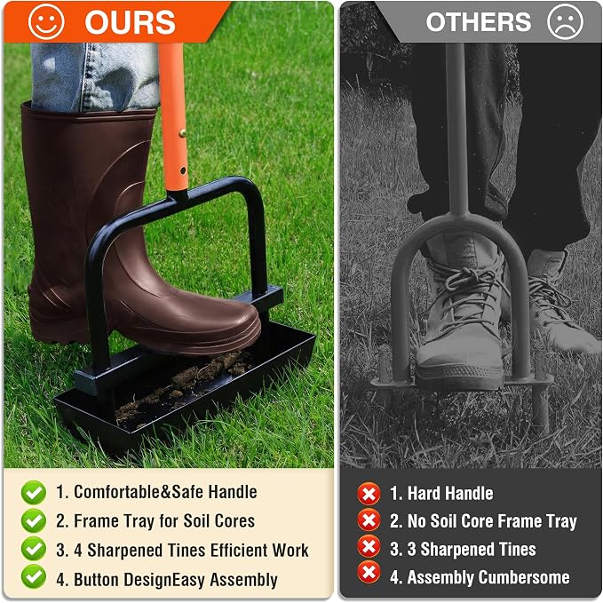 JouZYA Updated Lawn Aerator Tool with Soil Core Collection Tray, Lawn Core Aerator Lawn Tool with 4 Tines Manual Grass Aerator, Spike Lawn Coring Aerator for Lawn Aeration Soil Loosening Yard, Orange