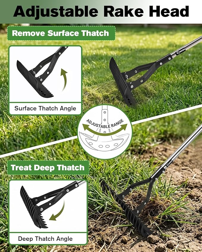Saker Thatch Rake for Lawn Dethatching, 15" Heavy Duty Thatching Rake with 71" Adjustable Long Handle, 19 Dual-Side Steel Tines, Metal Turf Rake for Grass, Soil, Yard & Garden Lawn Care