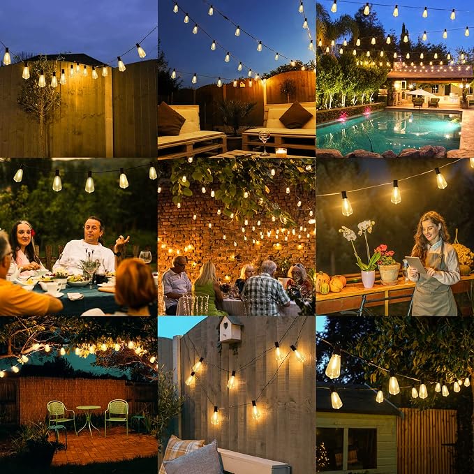 Brightever Outdoor String Lights 200FT Waterproof, Patio String Lights for Outside with 100+4 ST38 Shatterproof LED Filament Bulbs, Dimmable Hanging Lights for Christmas, Party, Cafe (2-Pack 100FT)