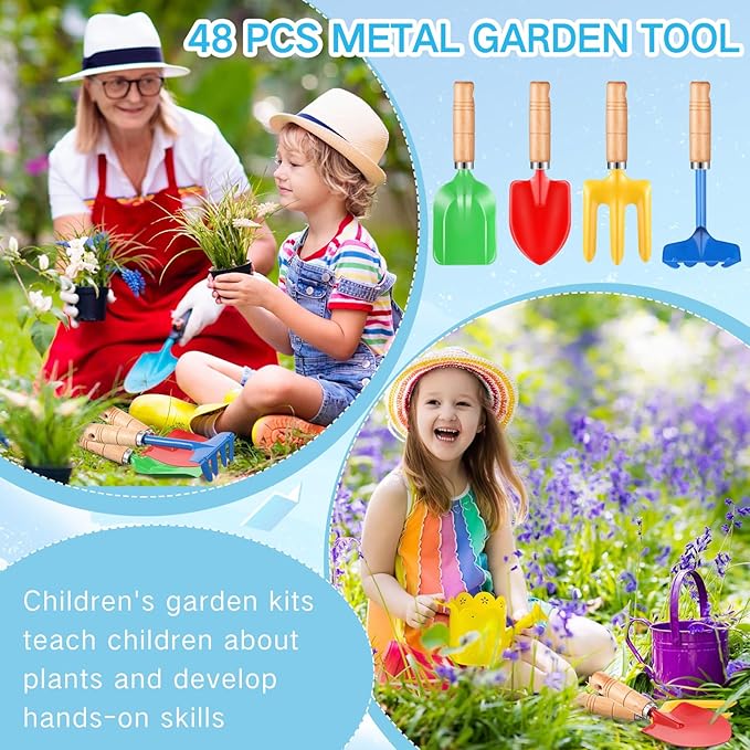100 Pcs 8" Kids Gardening Tools, Metal Beach Sandbox Digging Toys with Wooden Handle, Including Shovel, Rake, Fork and Trowel, Garden Sand Snow Tools for Children Gift Outdoor Gardening