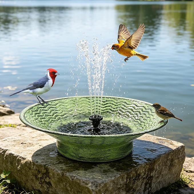 Solar Bird Bath for Outdoors, Metal Solar Birdbath Fountain with 4 Nozzles, 12.4" Bird Bath Fountain for Outside Garden Patio Lawn Decor (Green)