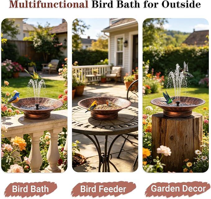 Solar Bird Bath for Outside, 12.4” Outdoor Metal Bird Bath Fountains, Solar Powered Water Fountain for Outdoors Garden Patio Lawn Ground Tabletop Decor (Brown)