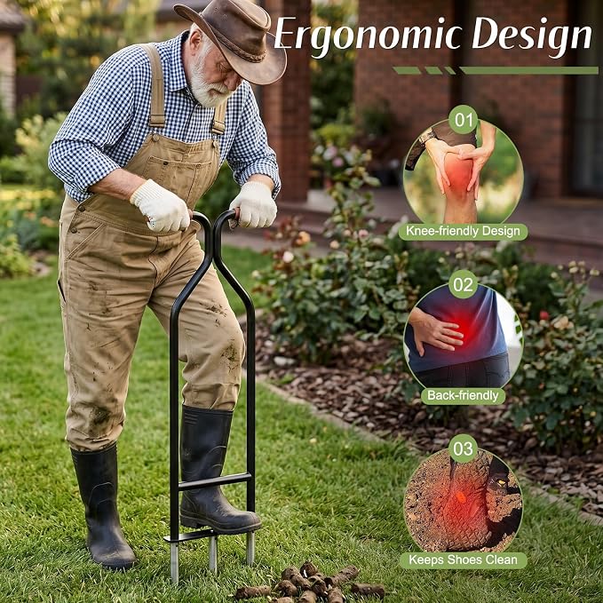 Heavy Duty Manual Lawn Core Aerator Tool, Semi-Assembled Yard Plug Aerator with 3 Stainless Steel Hollow Tines for Effortless Aeration, Compacted Soil & Lawn Care