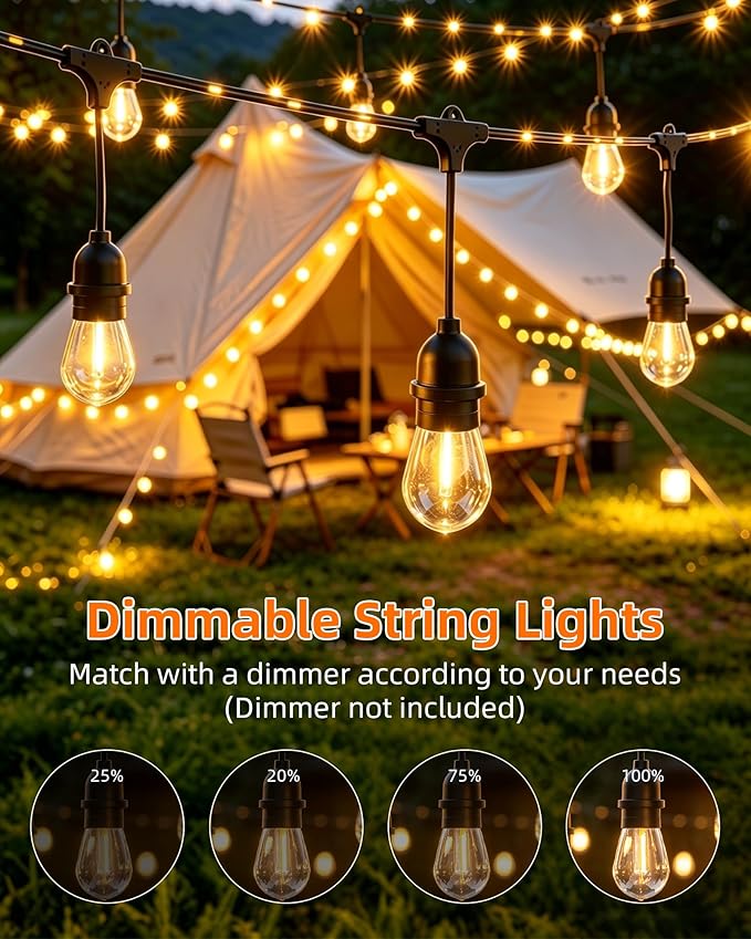 Outdoor String Lights With Lighted Tubing 48 ft, Commercial Grade String Lights with 16 (15+1spare) S14 Edison Bulbs & 144-LED Lighted Tubing, IP65 Waterproof Bistro Light for Patio, 2700K Warm White