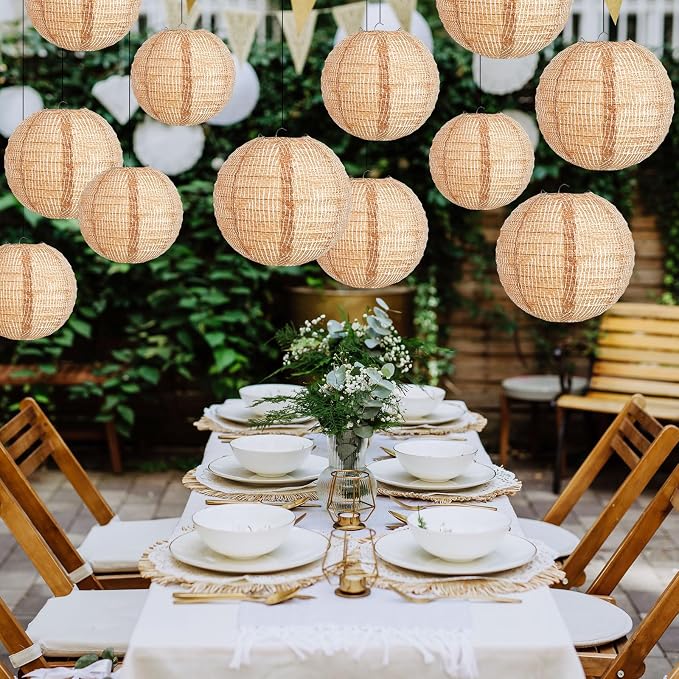 Hortsun 12 Pcs Print Burlap Paper Lanterns Round Chinese Paper Lanterns Farmhouse Boho Classroom Home Decor Classroom Sweet Birthday Party Ceremonial Event (8/10/12 Inch)