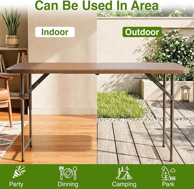PayLessHere | 4FT Folding Table | Portable Plastic Table with Carry Handle | Waterproof & Foldable Table Design | Steel Frame with Lock | Brown Ratten | for Events, Camping, Indoor & Outdoor Use