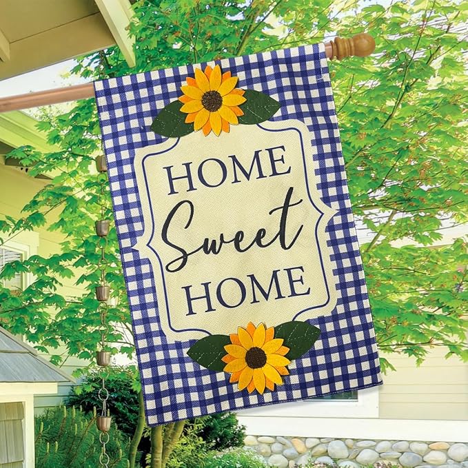 Briarwood Lane Blue Checkered Sunflowers Burlap House Flag