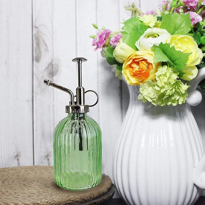 Glass Plant Mister Spray Bottle, 320ML Vintage Plant Spritzer with Top Pump Watering Can for Indoor Outdoor House Plants, Flowers (Green)