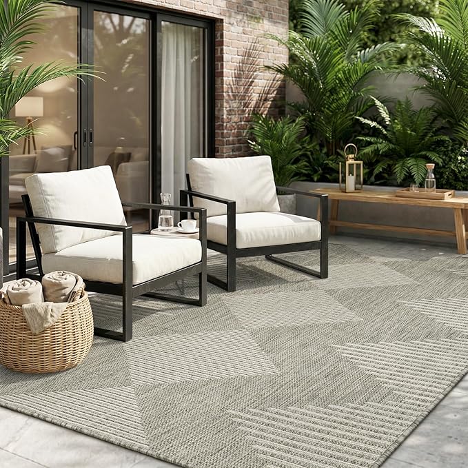 MontVoo-Outdoor Rug-Patio Rug 9x12 Polypropylene Indoor Outdoor Rugs Outdoor Carpet for Patio Deck Balcony Porch, Textured Weave, Durable for High Traffic, Fade-Resistant, Boho Geometric Silver Grey