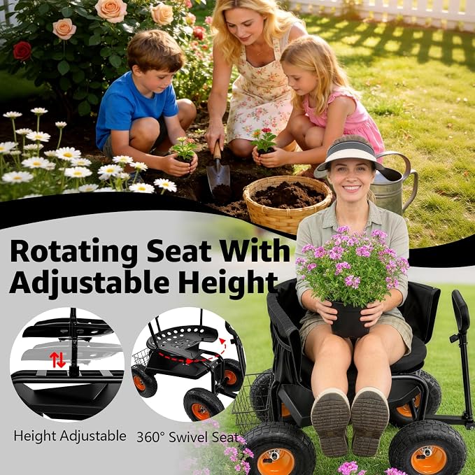 Garden Seat with Wheels, 400lbs Rolling Garden Stool, with Height Adjustable & 360° Swivel Seat, Tool Tray & Storage Basket, Outdoor Gardening Scooter, Garden Cart Workseat for Yard, Patio