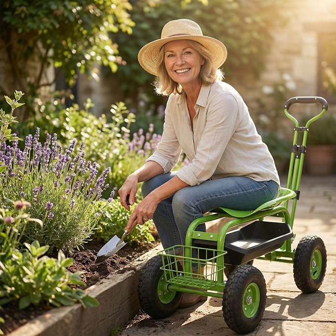 Rolling Garden Cart - Outdoor Workseat with Wheels, Heavy Duty Garden Tool Cart with Storage Bracket and Tool Tray for Yard, Planting Gardening Work (Green)