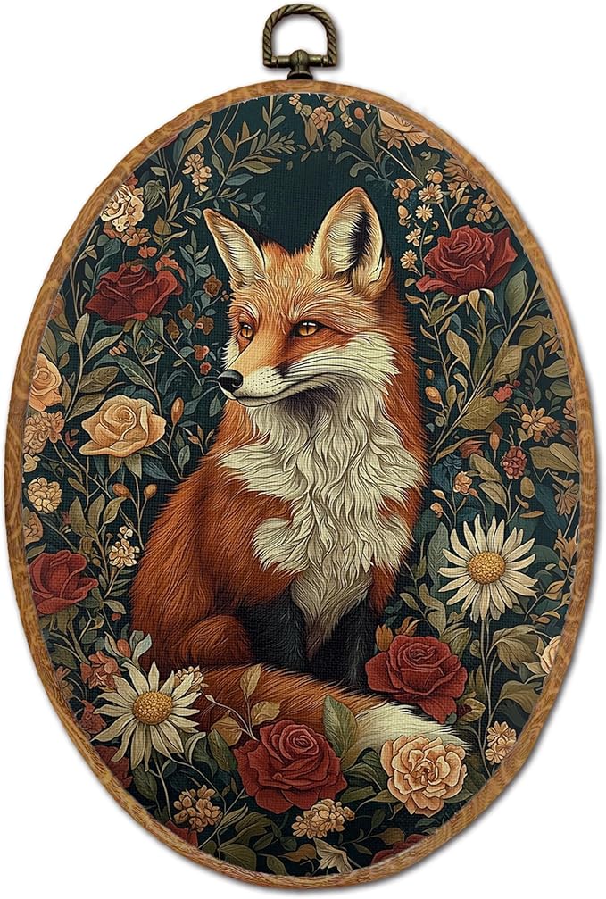 DOFQZ Vintage Floral Fox Oval Wall Art Decor, Dark Cottagecore Wildflowers Fox Framed Wall Art, Rustic Forest Wildlife Animal Walls Hanging Decor for Home Bedroom Living Room Cabin, 8.5x11.5 Inch