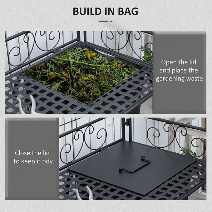 Outdoor Potting Bench Table with 2 Removable Wheels, Garden Potting Bench with Storage & Shelves Hooks, 36.25" L x 17.75" W x 46.75" H
