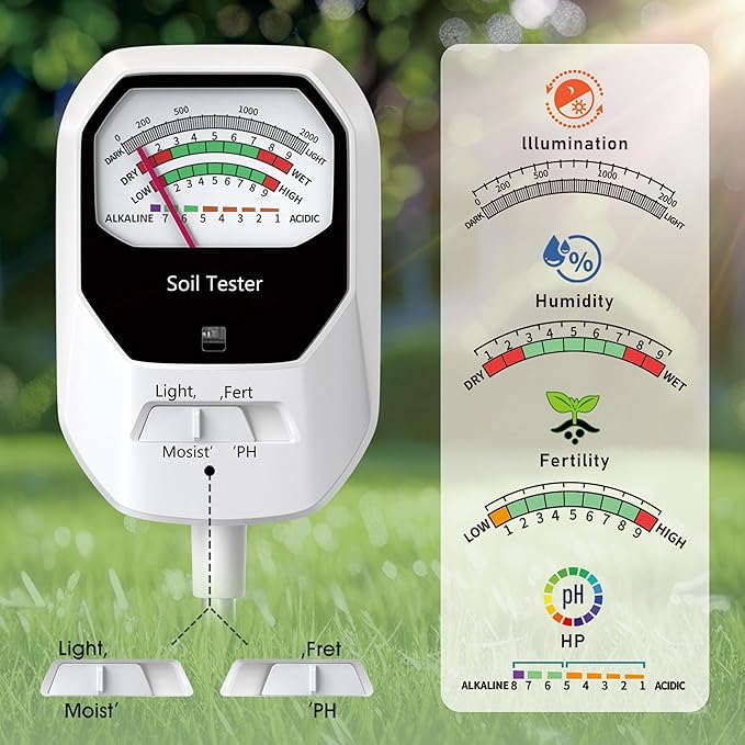 4-in-1 Soil Moisture Meter Soil Moisture/Fertility/PH Meter/Sunlight Intensity Soil Test Meter for Gardening, Farming and Outdoor Plants