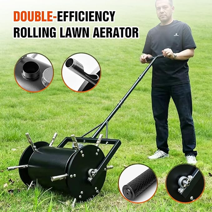 Double-Efficiency Rolling Lawn Aerator,Manual Yard Core Aerator Lawn Tool with Hollow Tines,Push Lawn Aerator Roller Core Plug Aerator,Grass Aeration Tool for Lawn Care Compacted Soil
