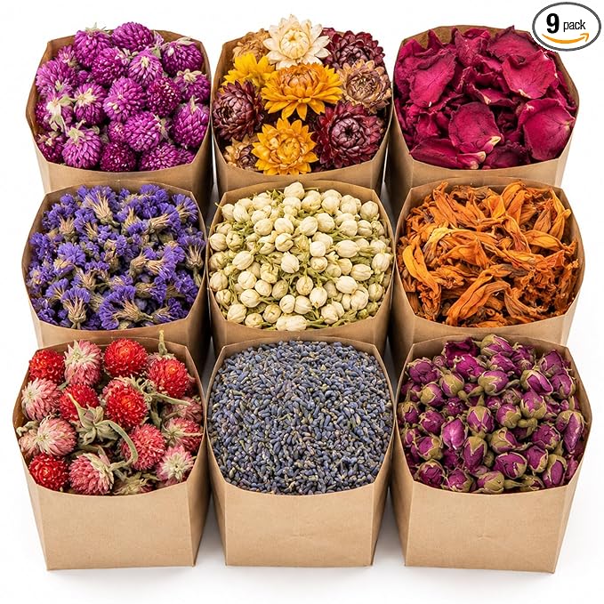 Sukh Dried Herbs Kit - Dried Botanicals Bulk,9 Bags Natural Dry Flowers and Herbs for Soap,Candle,Perfume,Bath Bombs,Resin Jewelry Making Supplies,Fragrance Sachet DIY and Witchcraft