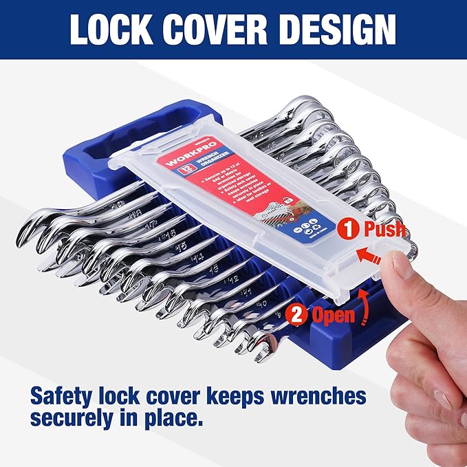 WORKPRO 2-Piece Wrench Organizer, 24-Slot Plastic Wrench Holder Set with Lock Cover, Metric & SAE Compatibility (Up to 19mm or 7/8), Premium Quality Tool Trays with Carrying Handle